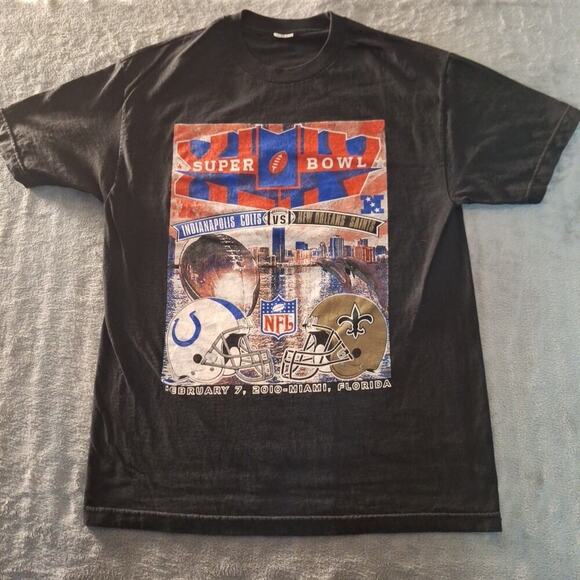 Super Bowl XLIV February 7, 2010 Black T-Shirt Saints vs Colts Size Large - Picture 1 of 7